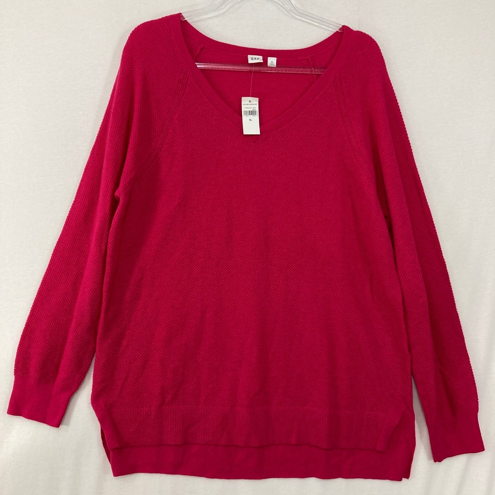 New Gap V-Neck Sweater XL Pink Textured‎ Waffle Knit Raglan Long Sleeve Comfy